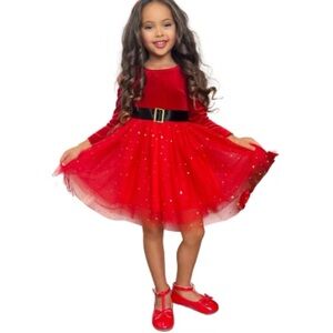 BMG Red Velvet Long Sleeve Sparkle Tulle Santa Clause Christmas Dress Size 6